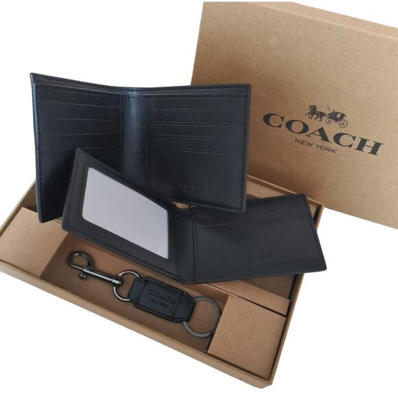 COACH MEN'S 3 IN 1 WALLET BOXED GIFT SET IN SIGNATURE CANVAS BLACK/BLACK/OXBLOOD - Picture 5 of 9